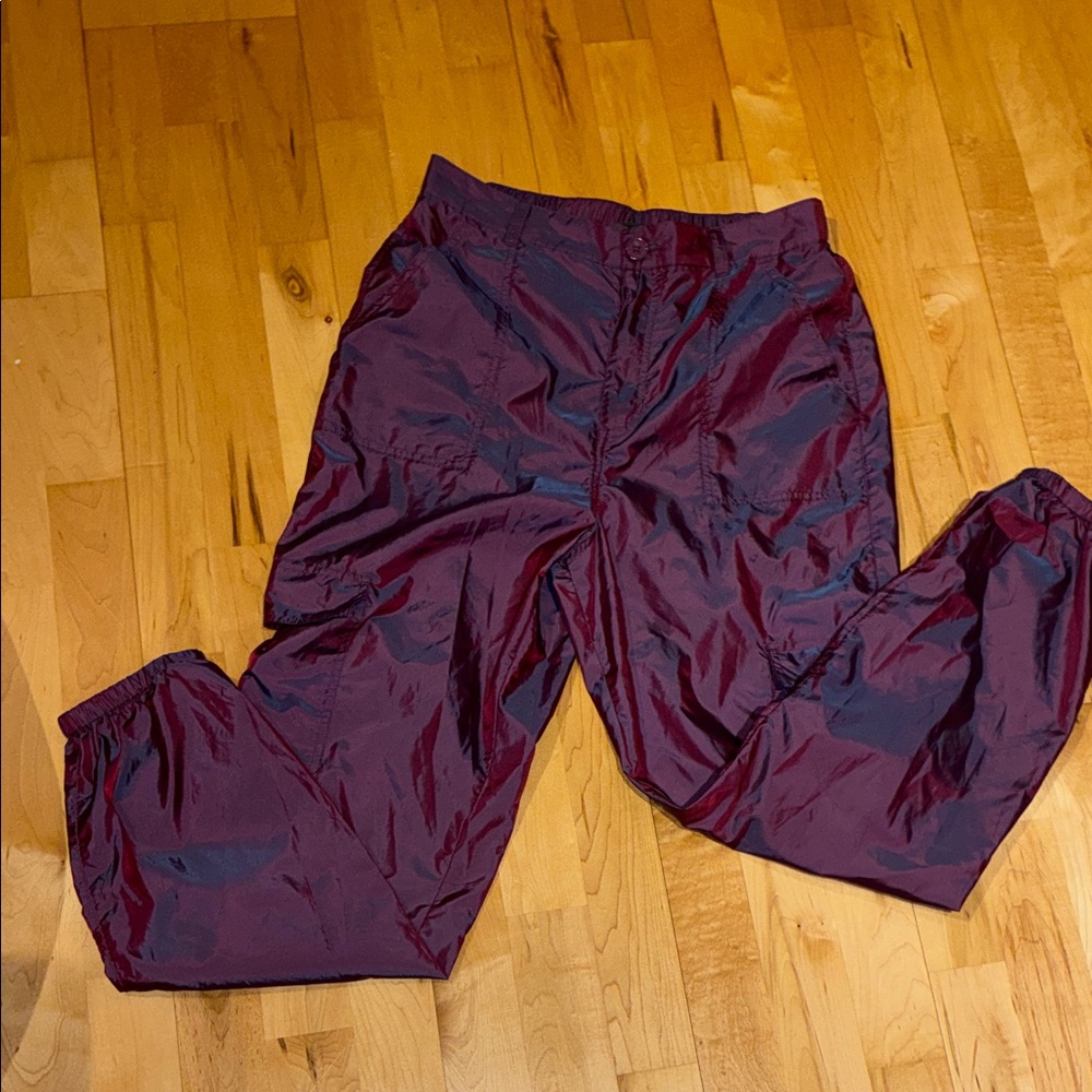 Shiny Metallic Purple Cargo Pants size small elastic waist button zip